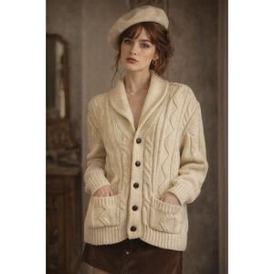 VTG Marc Richards Acrylic Chunky Cable Knit Cardigan in Cream Sz M Grandpacore